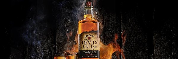 Deski, Jim Beam Bourbon Devils Cut 90, Kieliszki, Dym, Whisky, Butelka