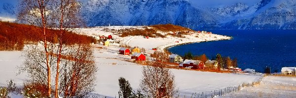 Zima, Czerwone, Góry, Norwegia, Domy