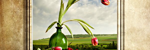 Stół, Tulipany, Flakon, Obraz