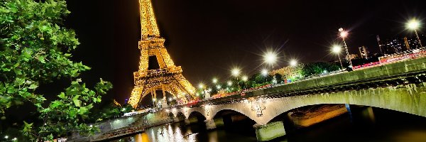 Nocą, Eiffla, Wieża, Paryż