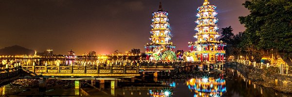 Miasto, Orientalne, Noc, Tajwan, Budowle