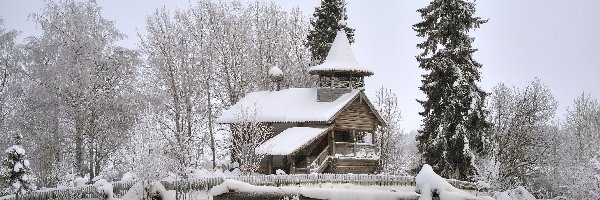 Kościół, Drzewa, Zaśnieżone, Zima