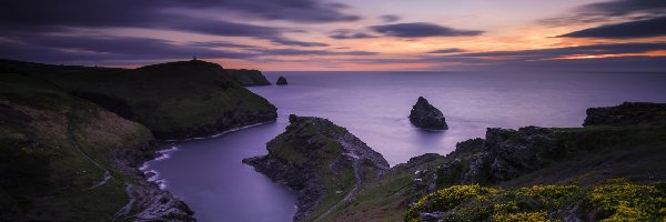 Roślinność, Boscastle, Morze Celtyckie, Kornwalia, Anglia, Zachód słońca, Skały