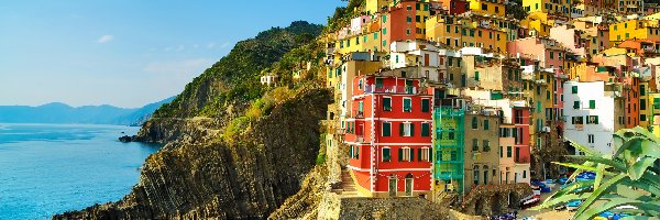 Wybrzeże, Riomaggiore, Domy, Liguria, Włochy, Morze, Skały