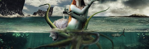 Kraken, Statki, Ocean, Kobieta