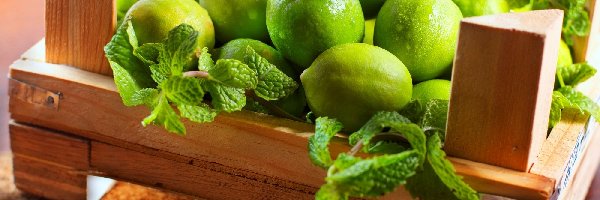Owoce, Zielone Limonki, Skrzynka, Stół, Listki
