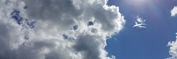 Chmury, Samolot, Słońce, Niebo