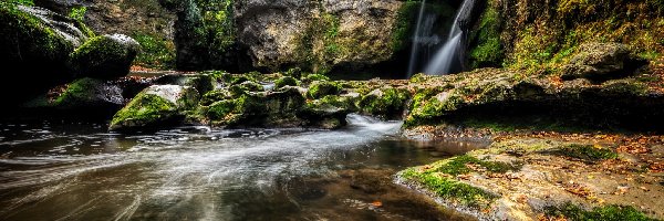 Rzeka, Skały, Gmina La Sarraz, Kanton Vaud, Szwajcaria, Rośliny, Kamienie, Omszałe, Wodospad Tine de Conflens