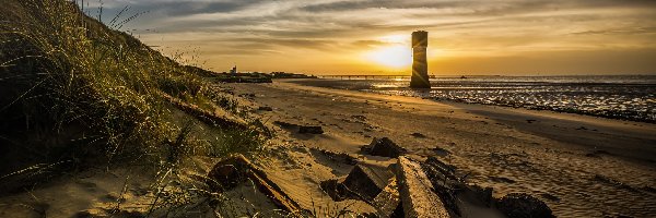 Wschód słońca, Budowla, Morze, Plaża