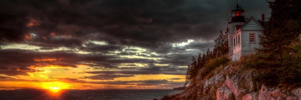 Bass Harbor, Chmury, Zachód Słońca, Maine, Morze, Latarnia Morska