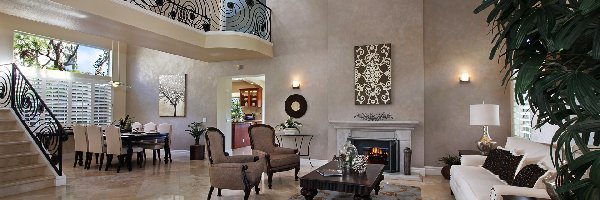 Kominek, Schody, Kanapa, Salon