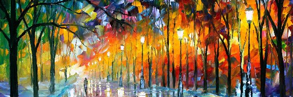 Droga, Park, Aleja, Latarnie, Leonid Afremov, Malarstwo