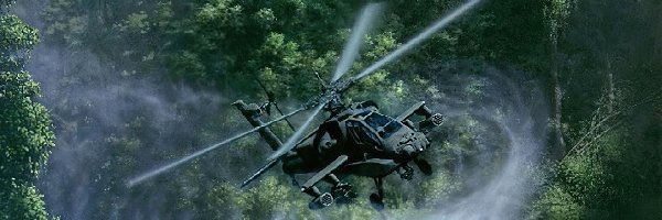 Helikopter Apache, las, rzeka, Pojazdy Militarne