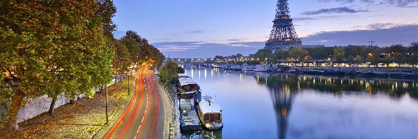 Statki, Paryż, Eiffla, Wieża , Rzeka, Droga, Drzewa, Francja