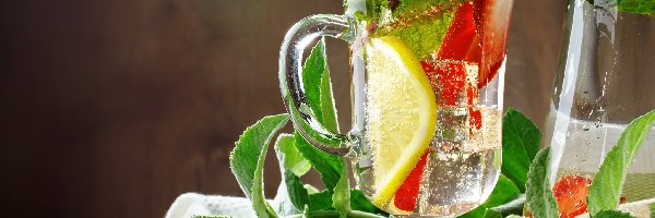 Lemoniada, Słomka, Mięta, Listki, Napój, Cytryny, Truskawki, Szklanka