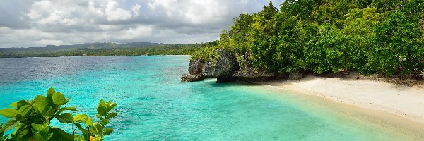 Chmury, Roślinność, Skały, Plaża, Morze, Filipiny, Plaża Salagdoong, Drzewa, Wyspa Siquijor