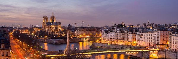 Katedra Notre-Dame, Świt, Rzeka Sekwana, Most, Domy, Francja, Paryż