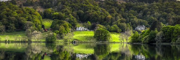 Kumbria, Wzgórza, Domy, Anglia, Drzewa, Jezioro Grasmere