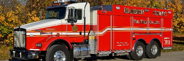 Droga, Wóz strażacki, Kenworth T-800, Straż pożarna, Drzewa