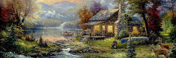 Sarna, Domek, Jezioro, Thomas Kinkade, Malarstwo, Góry, Rzeka