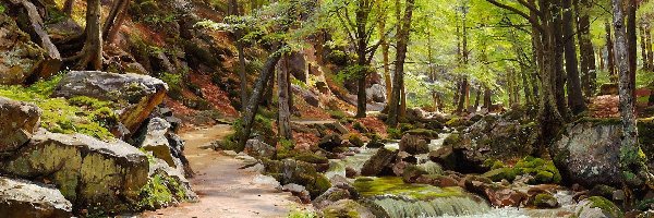 Las, Malarstwo, Kamienie, Rzeka, Pejzaż, Ścieżka, Skarpa, Obraz, Peder Mork Monsted, Drzewa