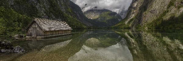 Domek, Szopa, Góry Alpy, Kamienie, Jezioro Obersee, Niemcy, Bawaria, Drewniana, Park Narodowy Berchtesgaden