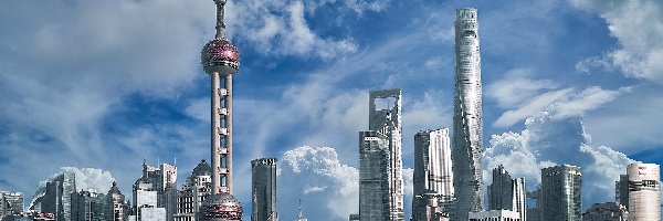 Wieża Oriental Pearl Tower, Odbicie, Wieżowce, Szanghaj, Budynki, Chiny, Dzielnica Pudong
