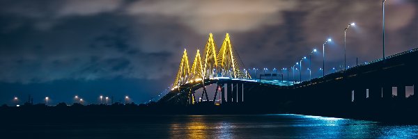 Noc, Rzeka, Stany Zjednoczone, Teksas, Kanał Houston Ship Channel, Latarnie, Baytown, Most Fred Hartman Bridge