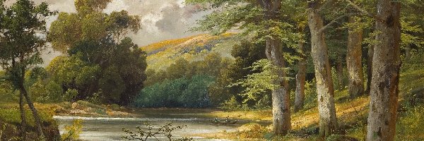 Drzewa, Malarstwo, Jezioro, Alois Arnegger, Obraz, Ludzie, Łódka