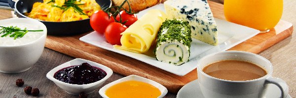 Twarożek, Śniadanie, Deska, Sery, Kawa, Pieczywo, Szklanka, Filiżanka, Sok, Pomidory, Dżem