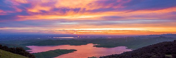 Stany Zjednoczone, Jezioro, Park regionalny Dell Valle, Dolina, Wschód słońca, Kalifornia, Livermore