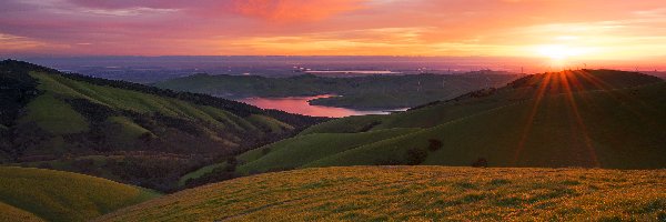 Jezioro, Dolina, Stany Zjednoczone, Kalifornia, Wzgórza, Park regionalny Dell Valle, Livermore, Wschód słońca