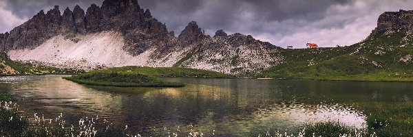 Chmury, Ciemne, Szczyt Monte Paterno, Dolomity, Włochy, Kwiaty, Jezioro, Paternkofel, Góry