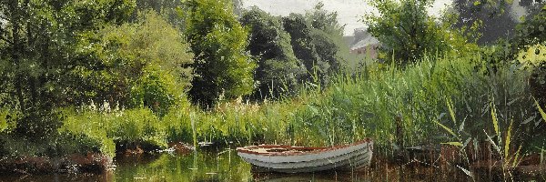 Szuwary, Peder Monsted, Drzewa, Obraz, Malarstwo, Łódka, Jezioro