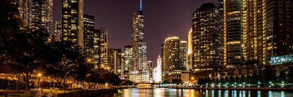 Willis Tower, Chicago, Miasto nocą, Stan Illinois, Stany Zjednoczone, Wieżowce, Rzeka Chicago