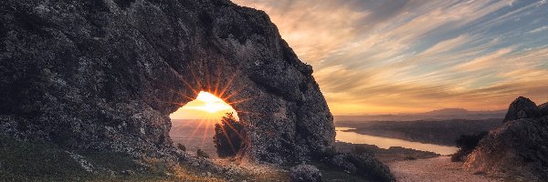 Rzeka, Skała, Hiszpania, Grenada, Łuk skalny, Taras widokowy, Ojo De La Heredad, Zachód słońca