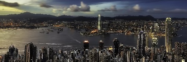 Hongkong, Port Wiktorii, Wzgórze Wiktorii, Chiny, Zatoka Wiktorii, Miasto nocą, Drapacze chmur