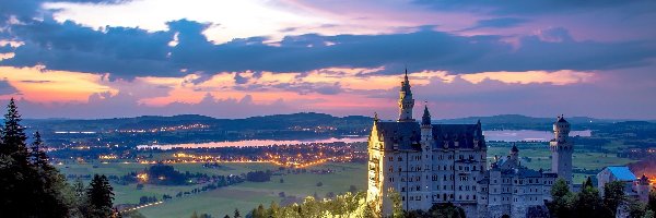 Wschód słońca, Niemcy, Bawaria, Zamek Neuschwanstein