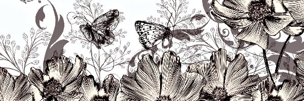 Motyle, 2D, Sepia, Kwiaty