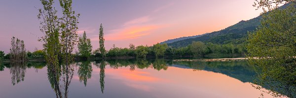 Poranek, Góry, Jezioro, Odbicie, Drzewa