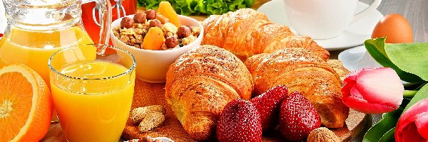 Orzechy, Croissanty, Rogaliki, Pomarańczowy, Filiżanka, Kawa, Truskawki, Miód, Sok, Tulipany, Szklanka, Śniadanie