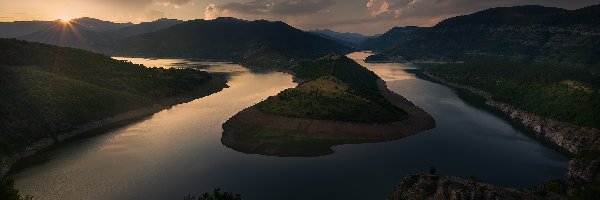 Góry Rodopy, Zakole, Meander, Zachód słońca, Bułgaria, Rzeka Arda