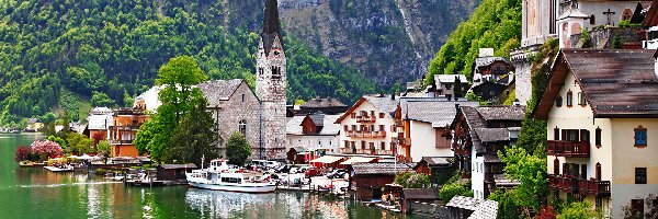 Austria, Domy, Łodzie, Kościół, Jezioro Hallstattersee, Hallstatt, Góry