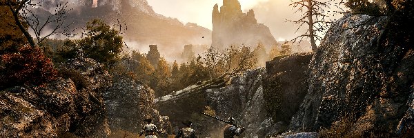 Walka, Skały, Rzeka, GreedFall, Gra, Postacie, Smok
