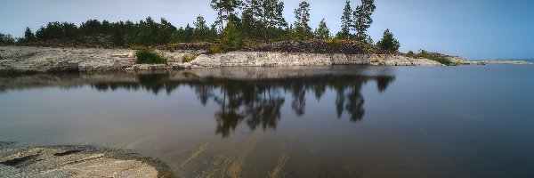 Jezioro, Rośliny, Drzewa, Skały