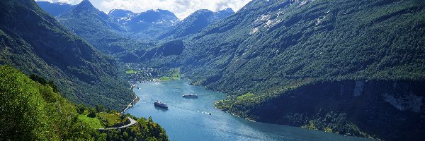 Drzewa, Statki, Lasy, Norwegia, Fiord Geirangerfjorden, Góry