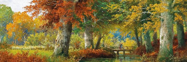 Drzewa, Alois Arnegger, Jesień, Obraz, Malarstwo, Most, Rzeka