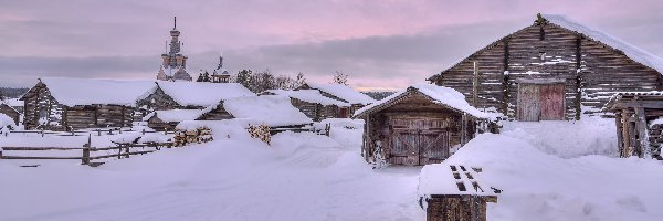 Obwód archangielski, Domy, Cerkiew, Rosja, Wieś Kimzha, Zima