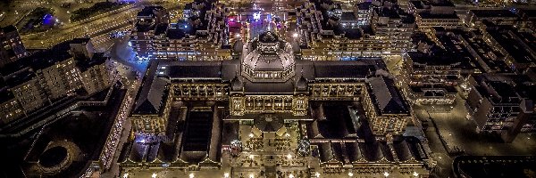 Haga, Hotel Kurhaus, Dzielnica Scheveningen, Holandia, Z lotu ptaka, Noc