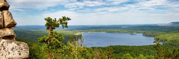 Obwód czelabiński, Skała, Południowy Ural, Rosja, Drzewa, Jezioro Arakul